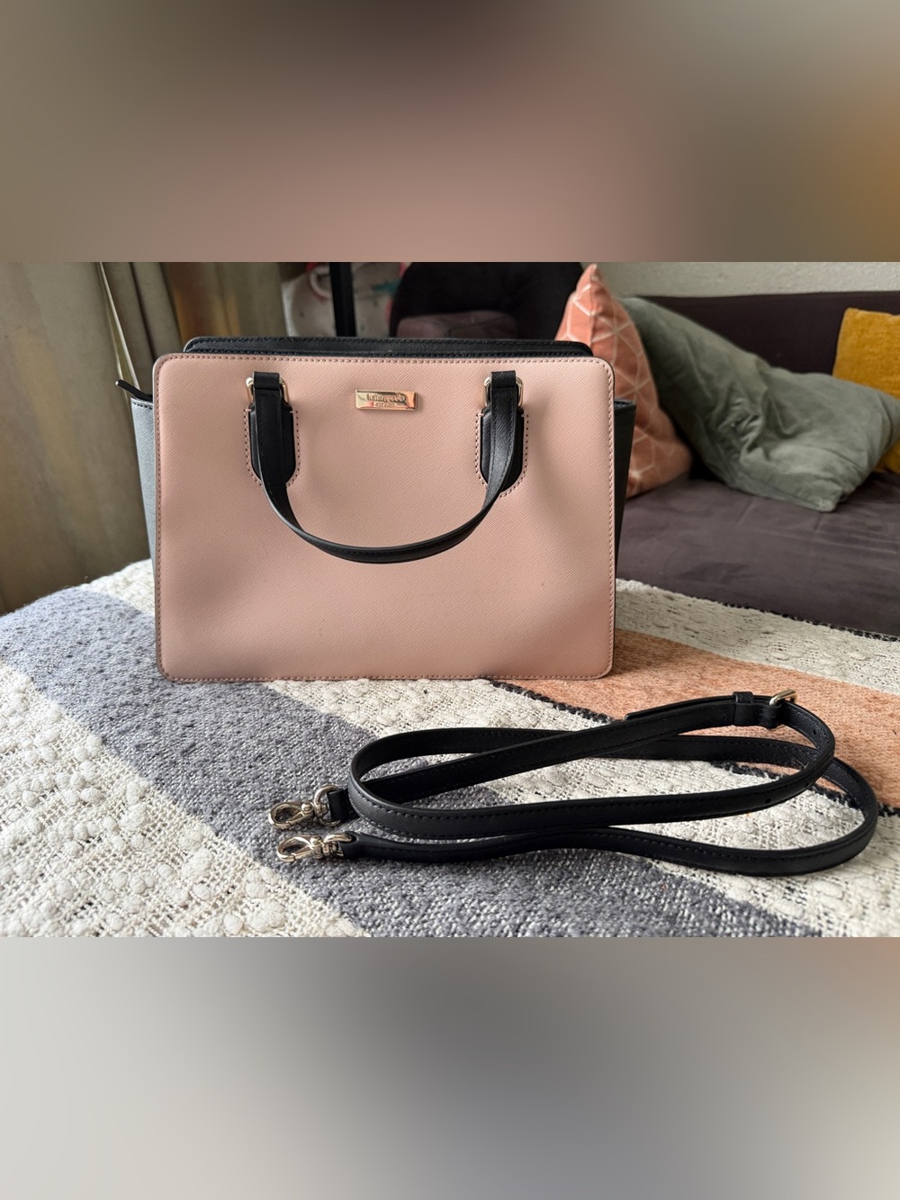 Kate Spade Pink and Black Leather Satchel with Detachable Strap